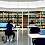A bright, spacious modern hybrid library interior, showcasing a seamless blend of traditional and digital learning. In the foreground, a diverse group of adults and young adults are engaged in various activities: some are peacefully reading physical books from well-stocked wooden bookshelves, while others are intently focused on laptops and tablets at sleek, ergonomic workstations. A large interactive digital display screen is visible in the background, showing educational content. All individuals are fully clothed in modest, appropriate attire, maintaining professional decorum. The scene is illuminated by soft, natural light, creating a calm and inviting atmosphere. perfect anatomy, correct proportions, natural pose, well-formed hands, proper finger count, natural body proportions, professional photography, high quality, safe for work, appropriate content, fully clothed, family-friendly.