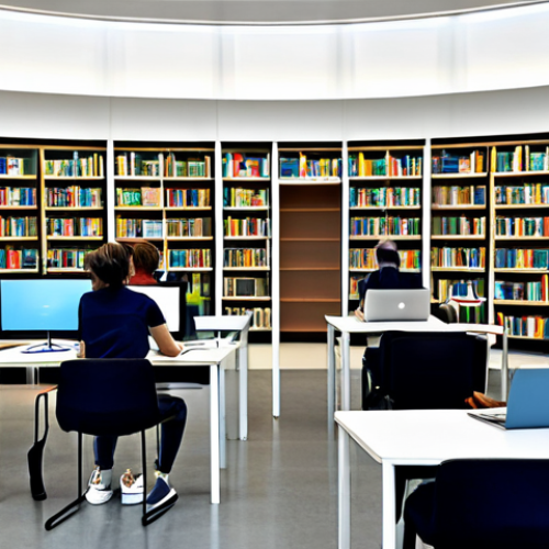 A bright, spacious modern hybrid library interior, showcasing a seamless blend of traditional and digital learning. In the foreground, a diverse group of adults and young adults are engaged in various activities: some are peacefully reading physical books from well-stocked wooden bookshelves, while others are intently focused on laptops and tablets at sleek, ergonomic workstations. A large interactive digital display screen is visible in the background, showing educational content. All individuals are fully clothed in modest, appropriate attire, maintaining professional decorum. The scene is illuminated by soft, natural light, creating a calm and inviting atmosphere. perfect anatomy, correct proportions, natural pose, well-formed hands, proper finger count, natural body proportions, professional photography, high quality, safe for work, appropriate content, fully clothed, family-friendly.
