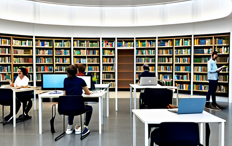 A bright, spacious modern hybrid library interior, showcasing a seamless blend of traditional and digital learning. In the foreground, a diverse group of adults and young adults are engaged in various activities: some are peacefully reading physical books from well-stocked wooden bookshelves, while others are intently focused on laptops and tablets at sleek, ergonomic workstations. A large interactive digital display screen is visible in the background, showing educational content. All individuals are fully clothed in modest, appropriate attire, maintaining professional decorum. The scene is illuminated by soft, natural light, creating a calm and inviting atmosphere. perfect anatomy, correct proportions, natural pose, well-formed hands, proper finger count, natural body proportions, professional photography, high quality, safe for work, appropriate content, fully clothed, family-friendly.