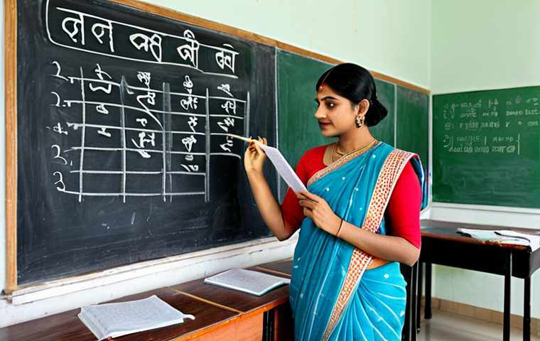 무인 도서관 성공 사례 - **
"A professional Hindi teacher, fully clothed in a traditional yet modest saree, writing on a cha...