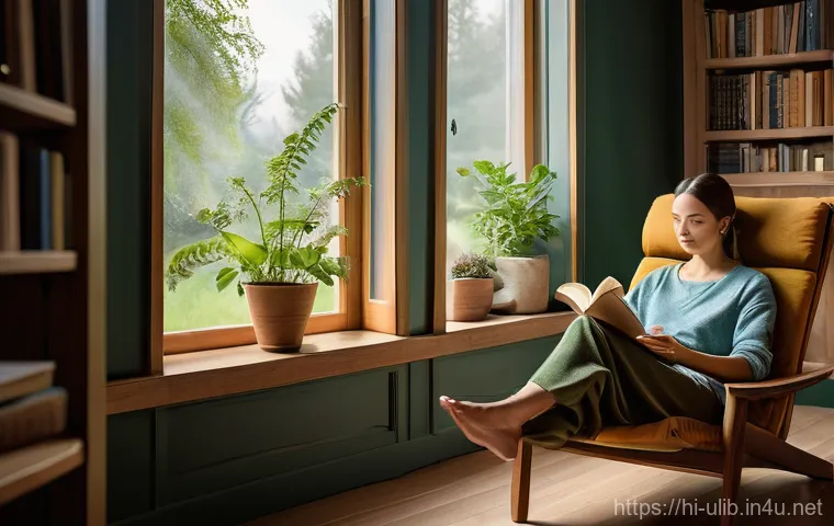 북 리트릿 도서관 체험 - Image Prompt 1: Tranquil Morning at the Book Retreat**