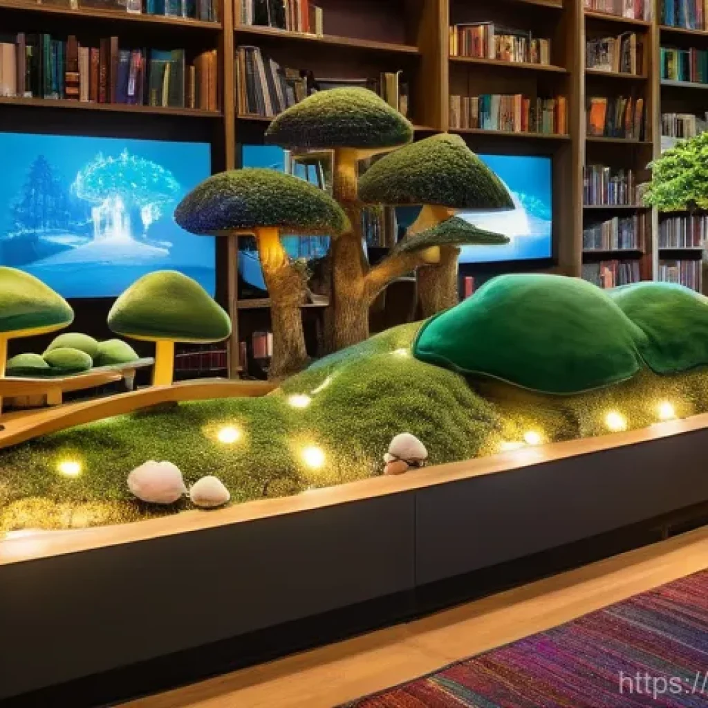 책 테마 파크형 도서관 - **Whimsical Enchanted Library Adventure:** A vibrant, imaginative library space designed like an enc...