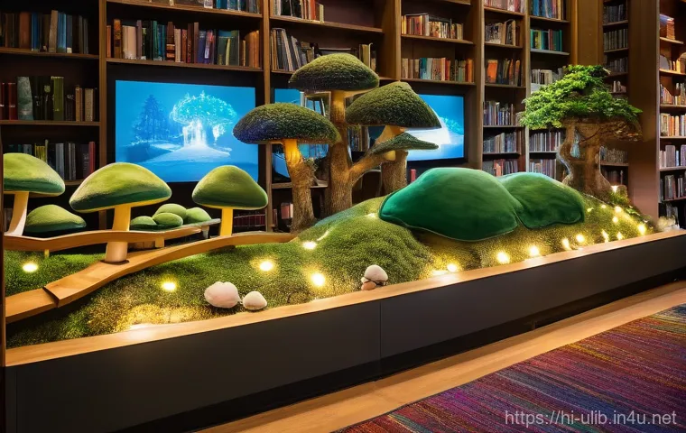 책 테마 파크형 도서관 - **Whimsical Enchanted Library Adventure:** A vibrant, imaginative library space designed like an enc...
