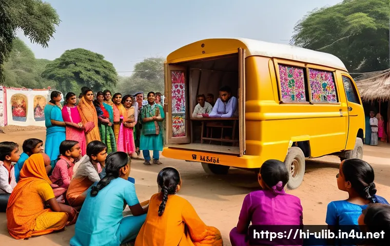 이동식 도서관 운영법 - A vibrant community gathering in an Indian village setting, featuring diverse local people engaged i...