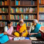 공유 서재 개념 도서관 - A vibrant community-based shared library scene in India, featuring diverse local people of all ages ...