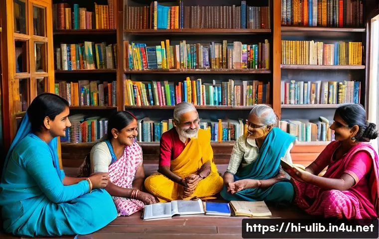 공유 서재 개념 도서관 - A vibrant community-based shared library scene in India, featuring diverse local people of all ages ...