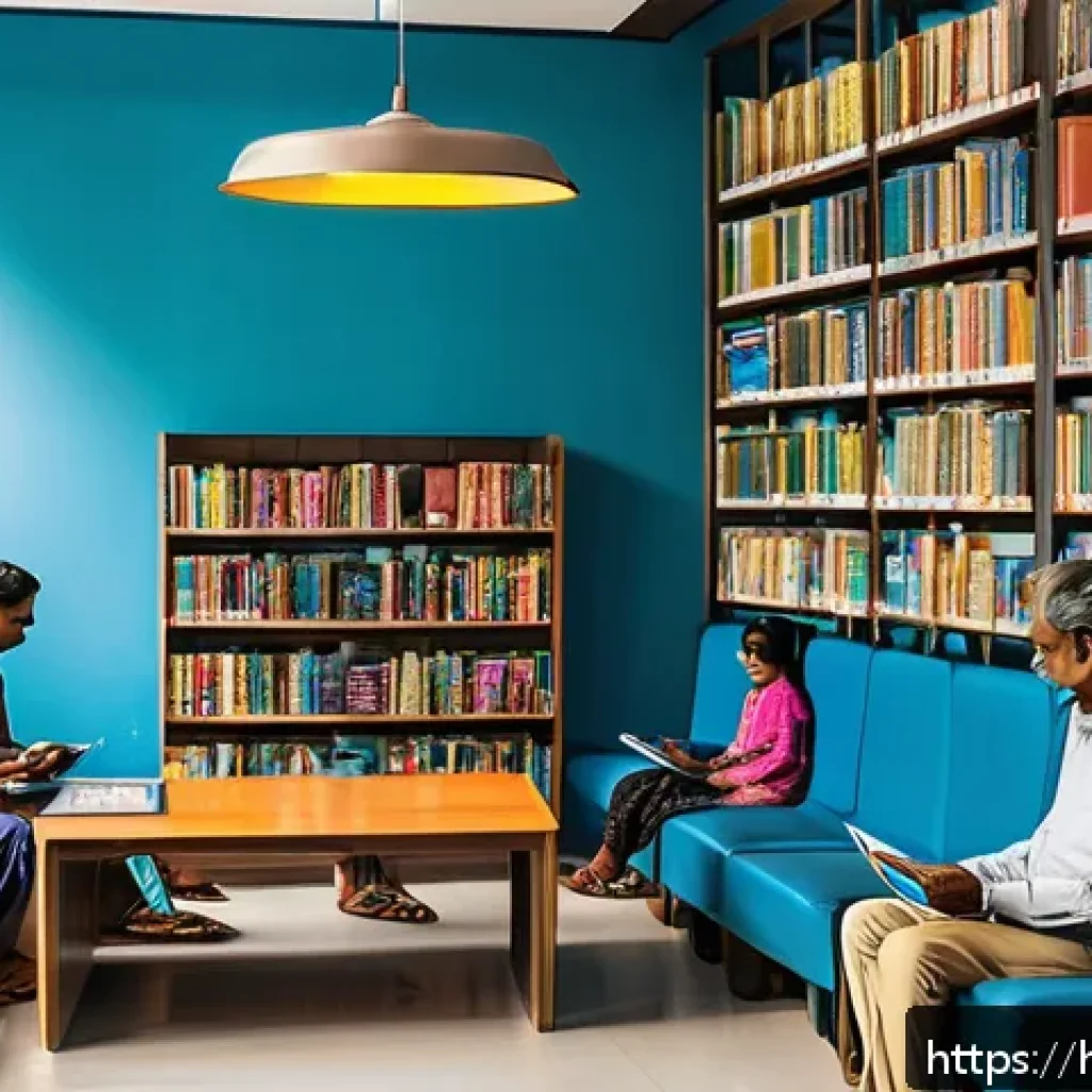 이색 도서관 마케팅 전략 - A vibrant modern library interior in India, showcasing a diverse group of Hindi-speaking people usin...