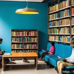 이색 도서관 마케팅 전략 - A vibrant modern library interior in India, showcasing a diverse group of Hindi-speaking people usin...