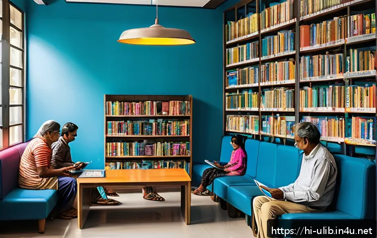 이색 도서관 마케팅 전략 - A vibrant modern library interior in India, showcasing a diverse group of Hindi-speaking people usin...