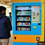 책 자판기 운영 도서관 - A modern book vending machine installed in a busy Indian university campus, surrounded by students w...