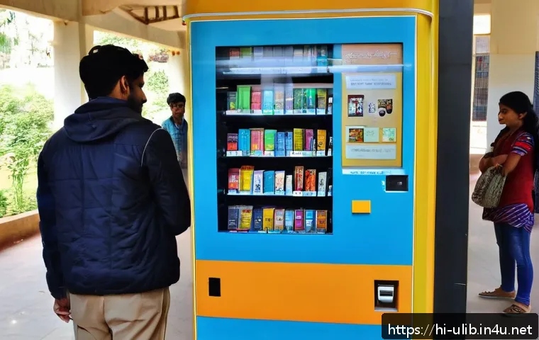 책 자판기 운영 도서관 - A modern book vending machine installed in a busy Indian university campus, surrounded by students w...