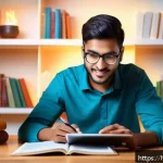 책 없는 디지털 도서관 - A modern Indian student sitting comfortably at home using a tablet to study from a digital library, ...