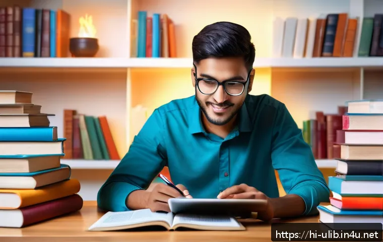 책 없는 디지털 도서관 - A modern Indian student sitting comfortably at home using a tablet to study from a digital library, ...