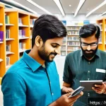 공공 도서관 브랜드 전략 - A vibrant modern smart library interior in India, featuring young Hindi-speaking users engaging with...