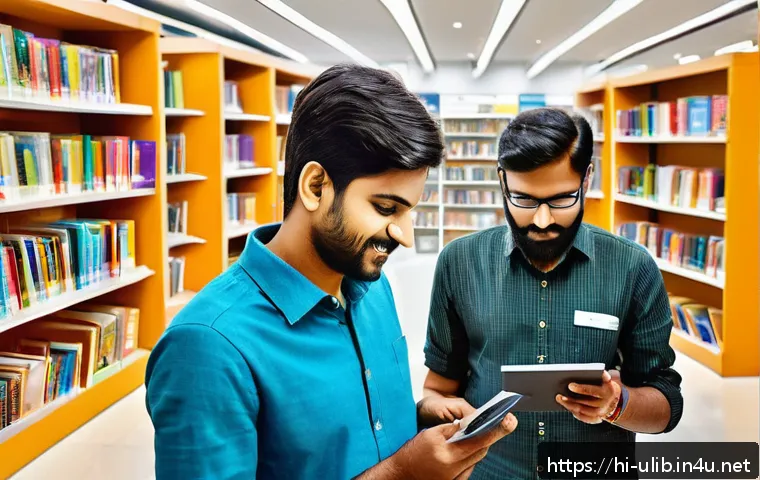 공공 도서관 브랜드 전략 - A vibrant modern smart library interior in India, featuring young Hindi-speaking users engaging with...