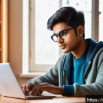 AI 북 추천 시스템 개발 - A modern study room scene featuring a young Indian student wearing casual clothes and eyeglasses, si...