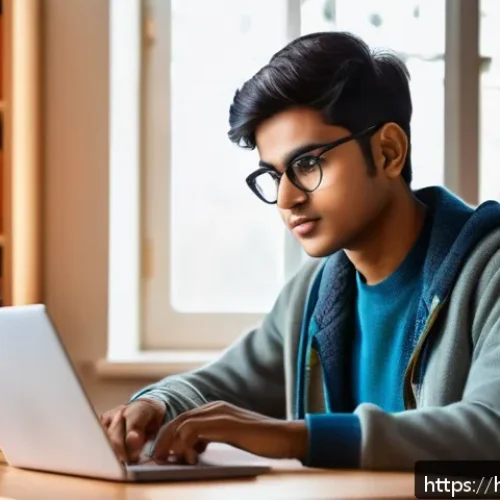 AI 북 추천 시스템 개발 - A modern study room scene featuring a young Indian student wearing casual clothes and eyeglasses, si...