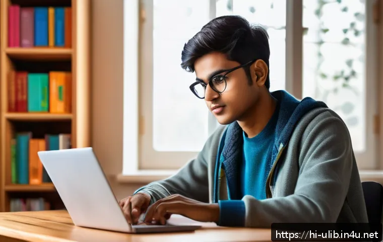 AI 북 추천 시스템 개발 - A modern study room scene featuring a young Indian student wearing casual clothes and eyeglasses, si...