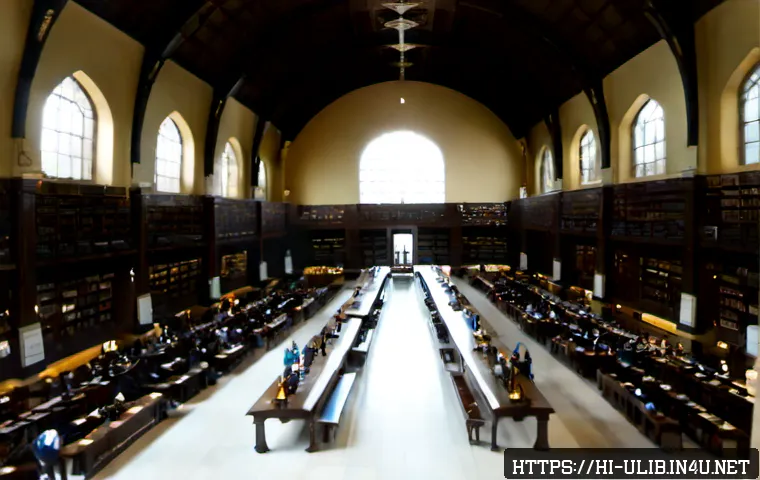 Home 17 국립 도서관과 지역 도서관 차이 - Photorealistic wide interior of a grand national library, soaring vaulted ceilings, elegant stone co...