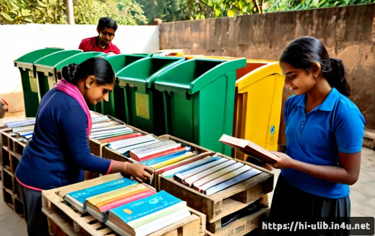 북 리사이클링 도서관 프로젝트 - Photorealistic community book recycling library project in a bright Indian neighborhood courtyard, v...
