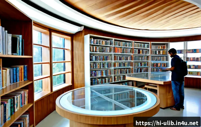 미래형 스마트 도서관 - Photorealistic futuristic smart library in India, spacious sunlit interior with South Asian students...